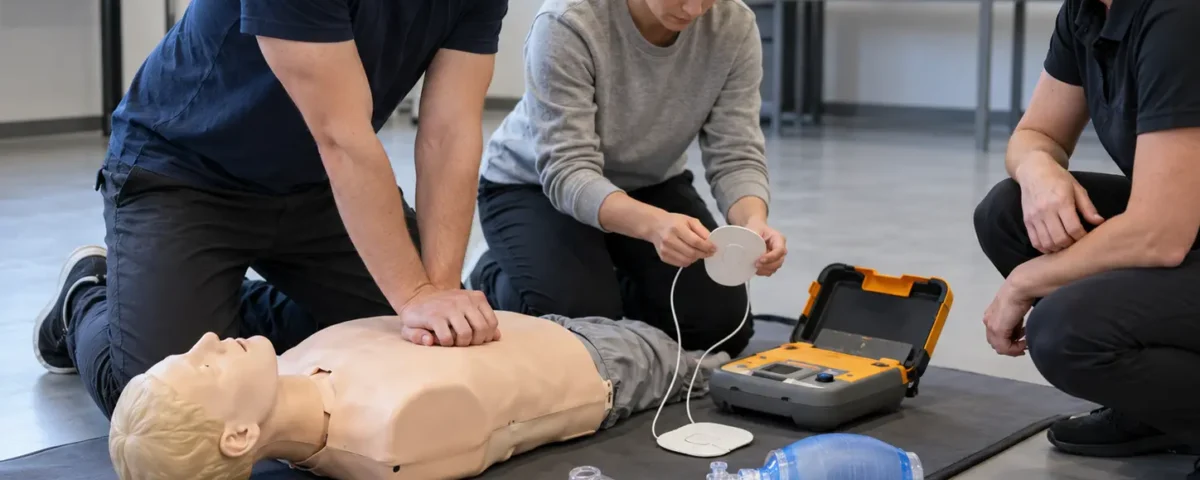 Equipos para formación en RCP de GB Tech USA: maniquíes y entrenador de DEA en un aula de primeros auxilios en Estados Unidos