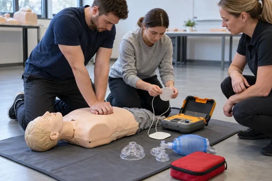Equipos para formación en RCP de GB Tech USA: maniquíes y entrenador de DEA en un aula de primeros auxilios en Estados Unidos
